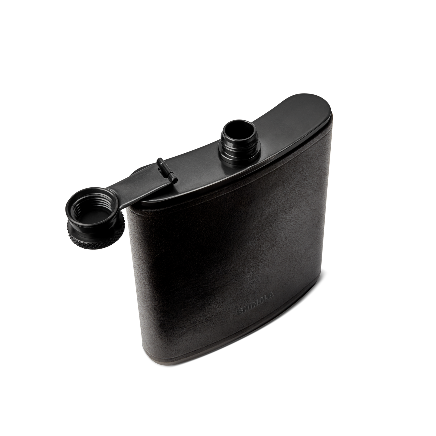 The Shinola Leather Wrapped Flask - Black features a hinged open cap and a subtle Shinola emboss near the bottom, combining style and durability on a sleek stainless steel design.