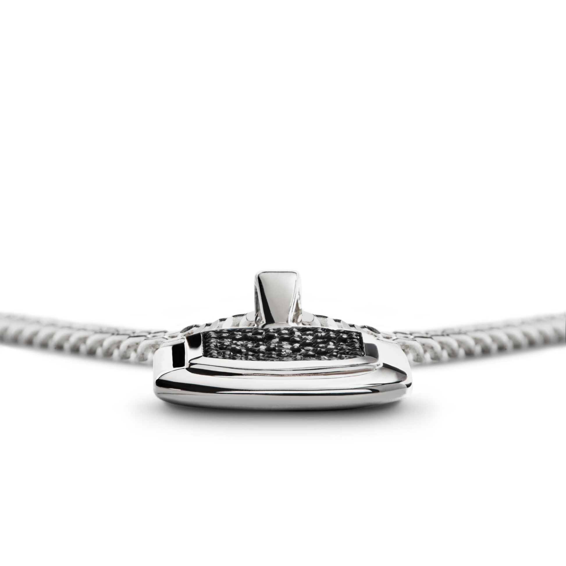Close-up of the Shinola Onyx Tag Necklace in sterling silver, featuring a polished pendant with a central row of black onyx stones, shown against a white background.