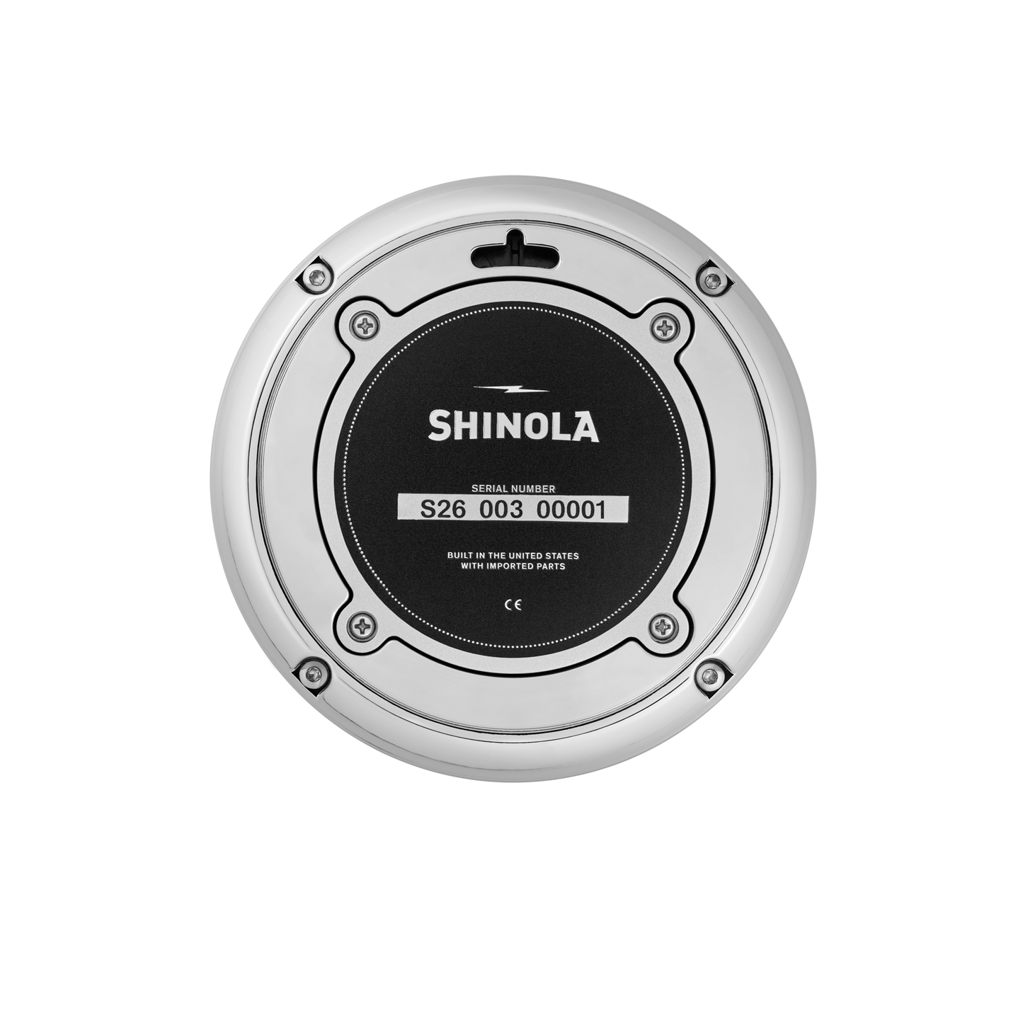A round, metallic Shinola 6" Runwell Clock – Blue is shown from above, featuring a black center labeled SHINOLA, serial number S26 003 00001, wolverine blue accents, and the text "Built in the United States with imported parts.