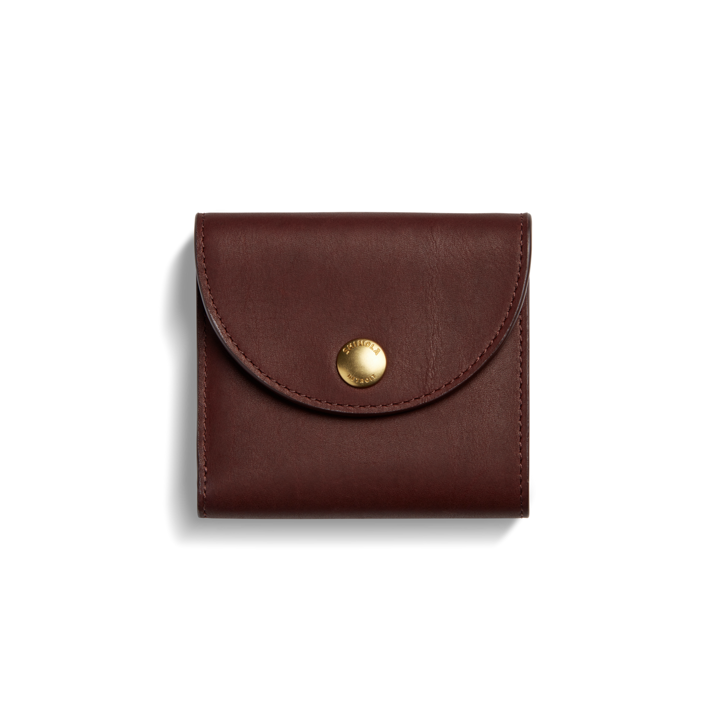 The Shinola Birdy Small Snap Wallet in Merlot is a compact leather wallet with a flap and gold snap button closure, shown against a plain white background.