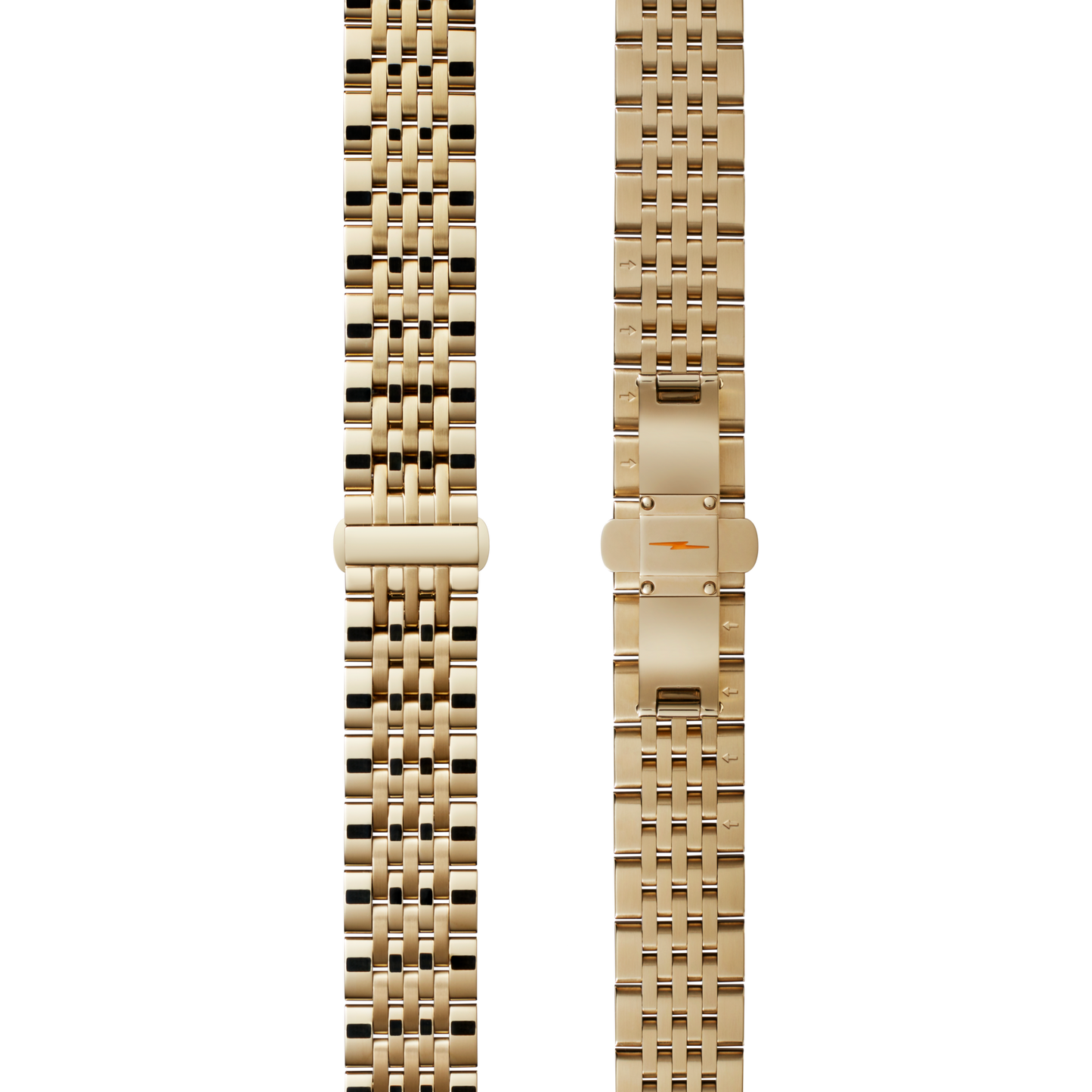 Two Shinola 14mm Gold 7-Link Bracelets with PVd gold finish are shown side by side, one displaying the front links and the other the clasp, set against a white background.