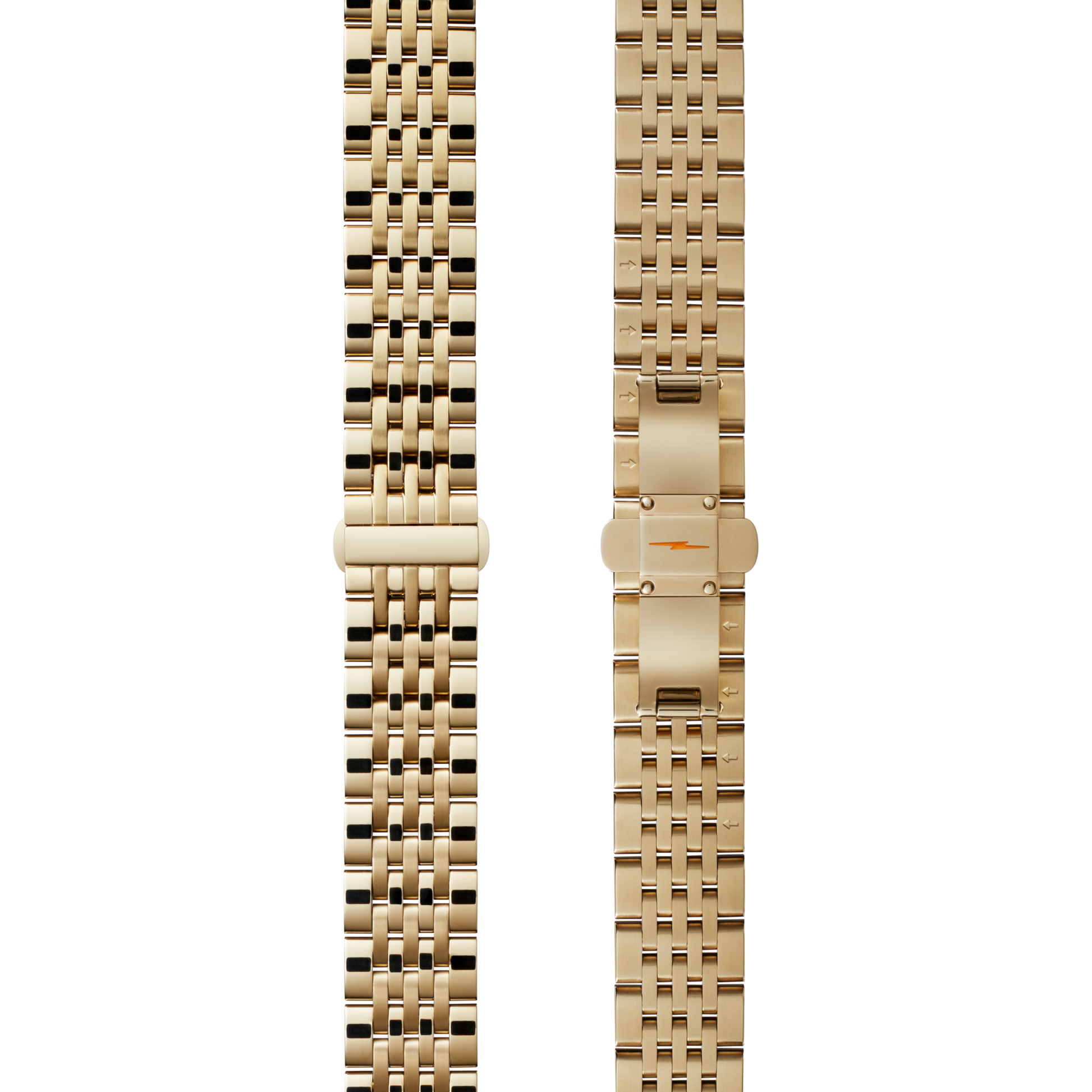 Two Shinola 14mm Gold 7-Link Bracelets with PVd gold finish are shown side by side, one displaying the front links and the other the clasp, set against a white background.